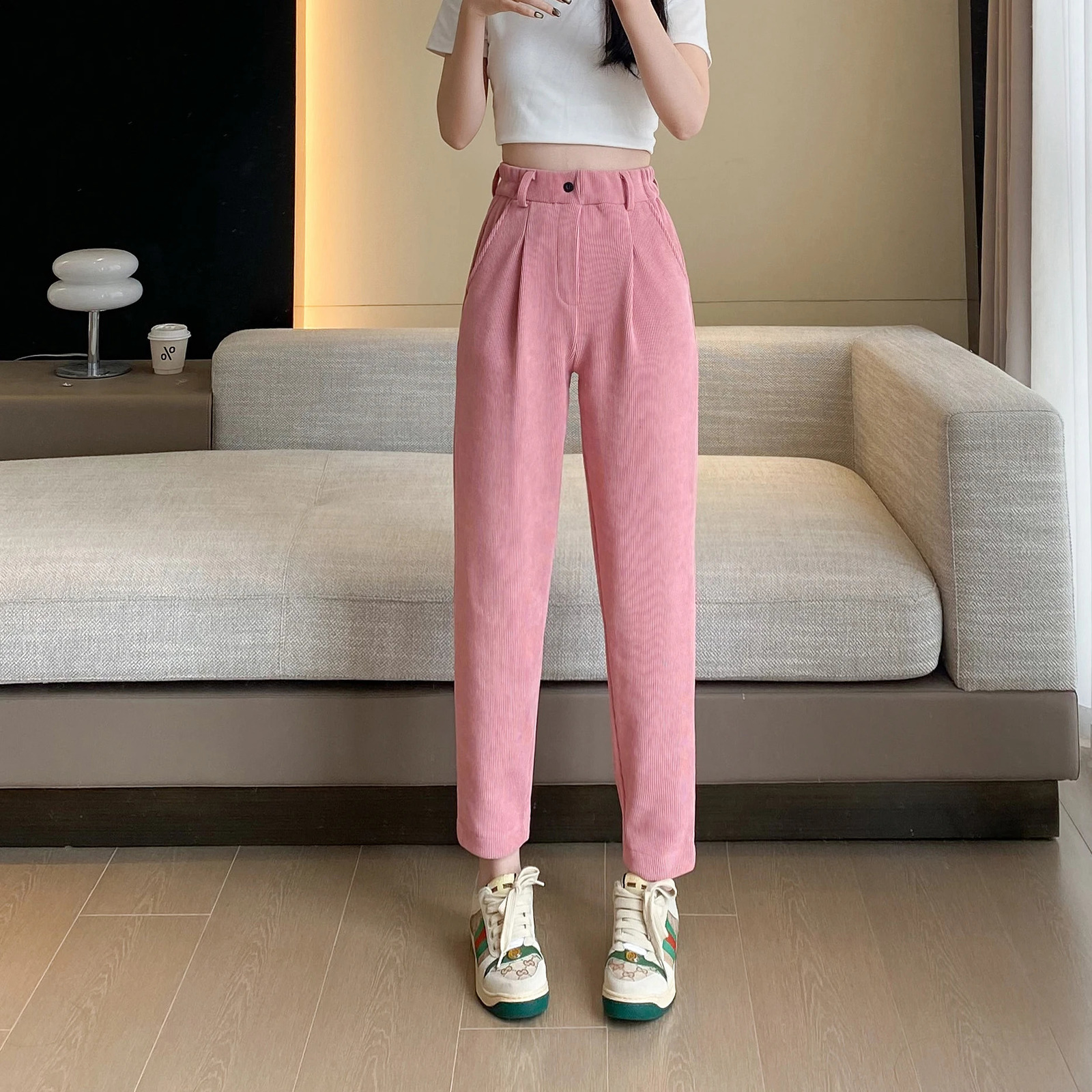 Pink Chenille corduroy pants womens autumn winter with fleece thickened little Radish Daddy pant 240829
