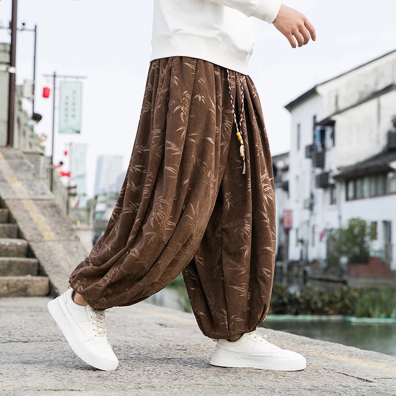 Men Chinese Style Printed Corduroy Pants Mens Casual Pants Autumn Winter Men Elastic Waist Sweatpants Men Wide Leg Pants 240828