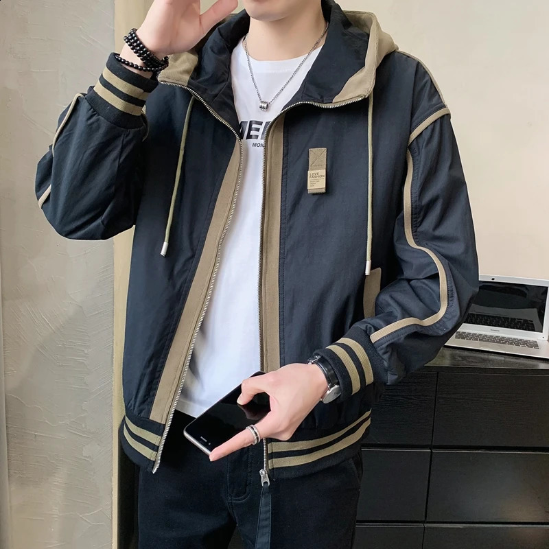 Mens Spring Autumn Casual Hooded Jackets Hip Hop Streetwear Coats Outdoor Sports Solid Windbreaker Youth Tops Clothing 240828