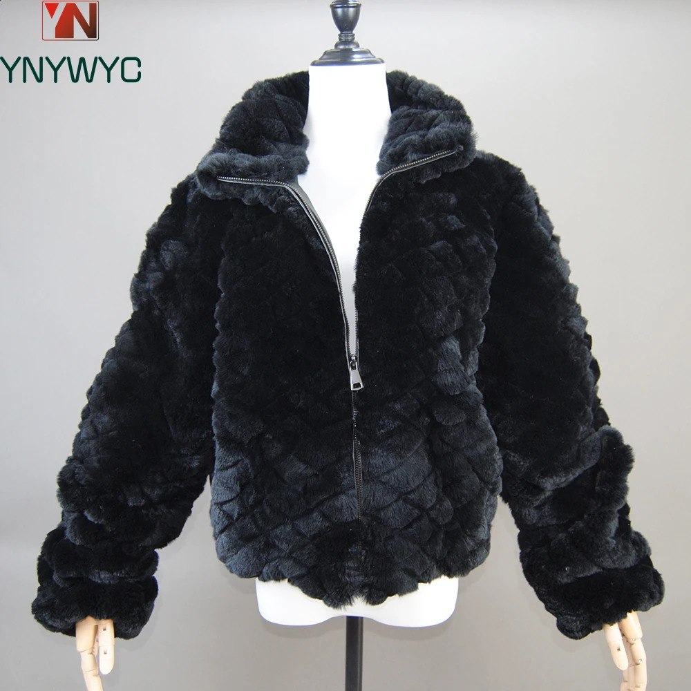 2024 Black Fashion Short Real Rex Rabbit Fur Jacket with Lapel Collar Woman Winter Genuine Coat Outwear 240828