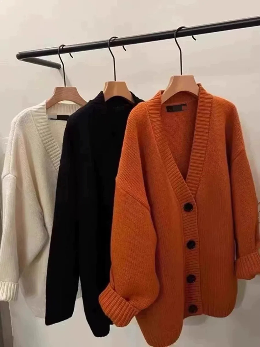 European station autumn-winter large V-neck cashmere cardigan womens mid-length loose thickened sweater 100%wool knitted coat 240828