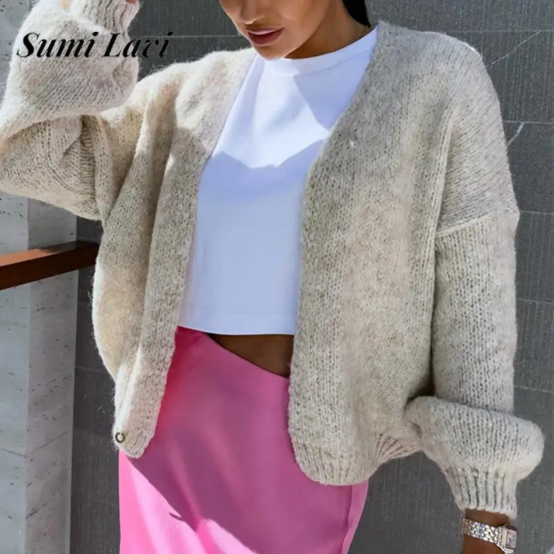 Élégant chaud doux couleur unie pull large manteaux décontracté à manches longues tricoté vêtements d'extérieur femmes mode col en v Cardigan pul