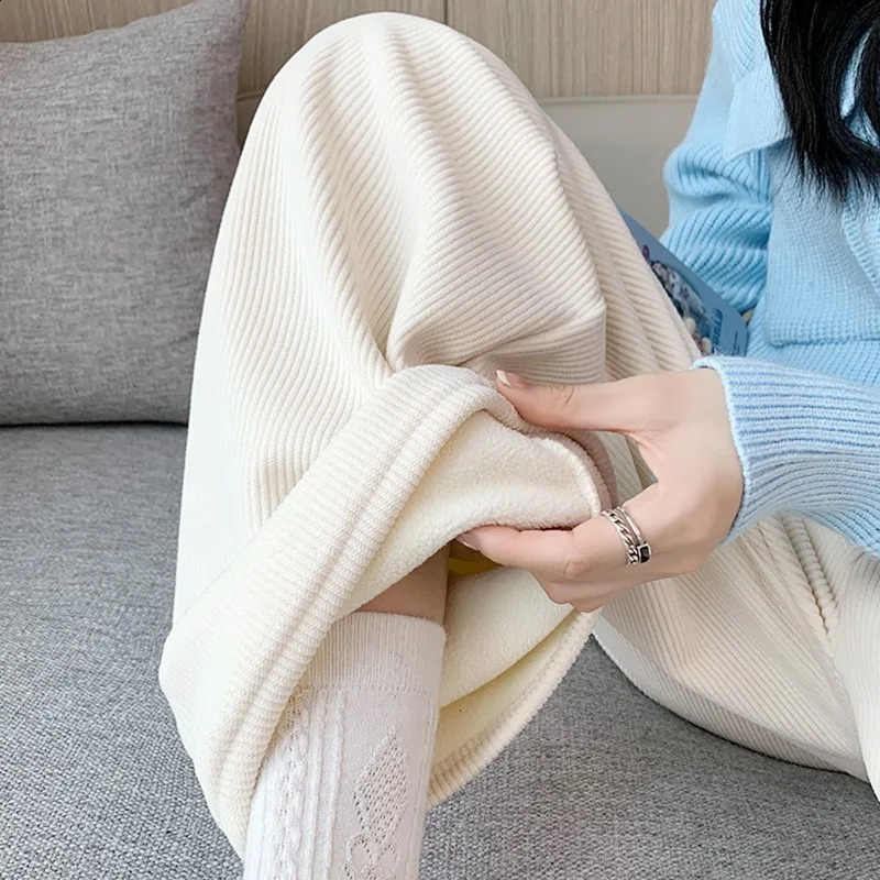 High Waist Pockets Loose Pants Women Basics Solid Cream White Straight Daily Casual Comfortable Knitted Pants Autumn Winter 240829
