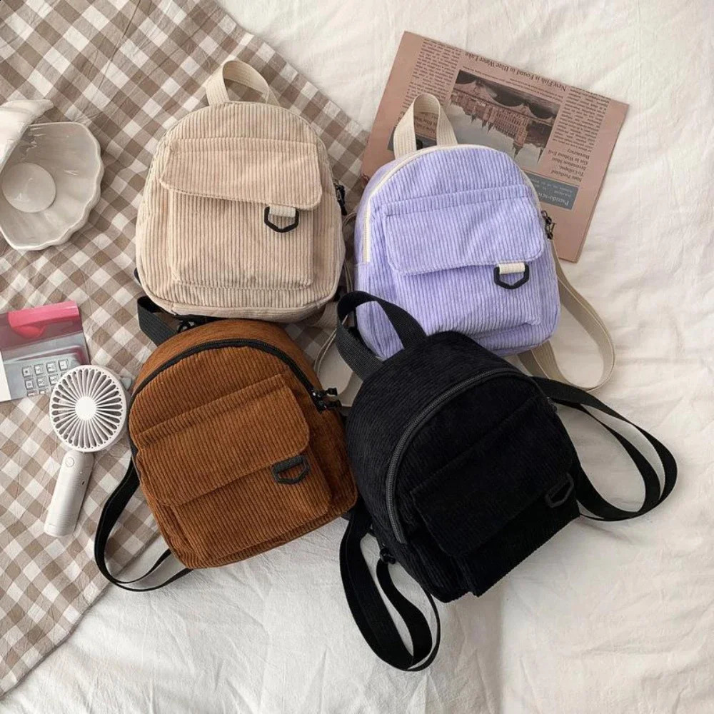 Womens Mini Backpack Fashion Solid Color Corduroy Small Simple Casual Traveling Large Capacity Durable Females Schoolbag 240828Z