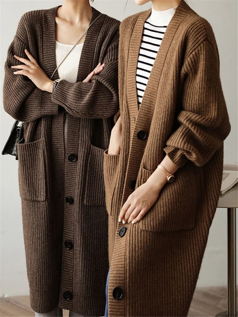 Women V Neck Solid Knitted Cardigan Sweater Casual Vintage Long Sleeve Fashion Coat Fashion Long Tops Autumn Winter 240828