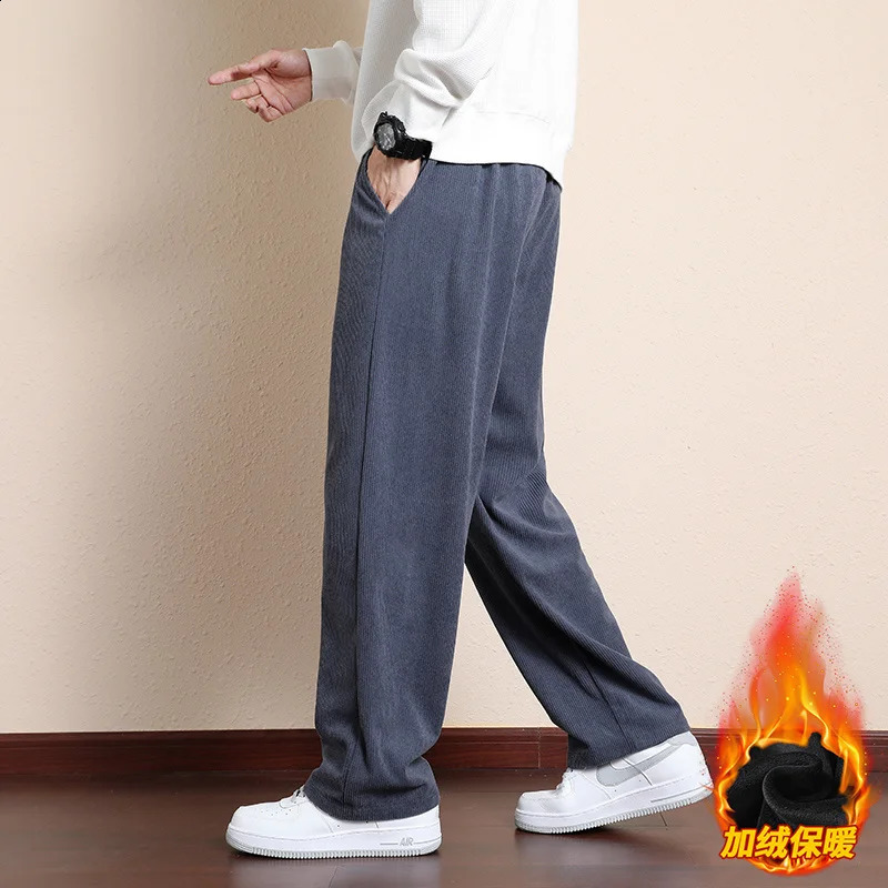 Winter Mens Solid Color Corduroy Drawstring Elastic Waist Pants Autumn Casual Loose Comfortable Versatile Wide Leg Pants 240828