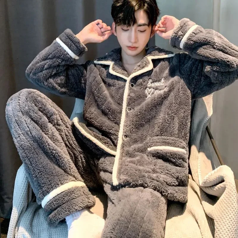 Pyjama Men Warm Winter Sleepwear Thickened Embroidery Pajama Set Flannel Autumn Nightwear Soft Long Sleeve Long Pants Oversized 240828