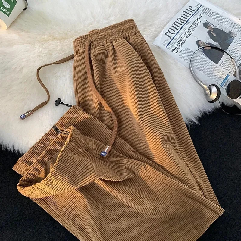 Autumn Winter Corduroy Straight Pants Womens Fleece Thicken Drawstring Casual Sports Trousers Student Loose Harem Pants 240829
