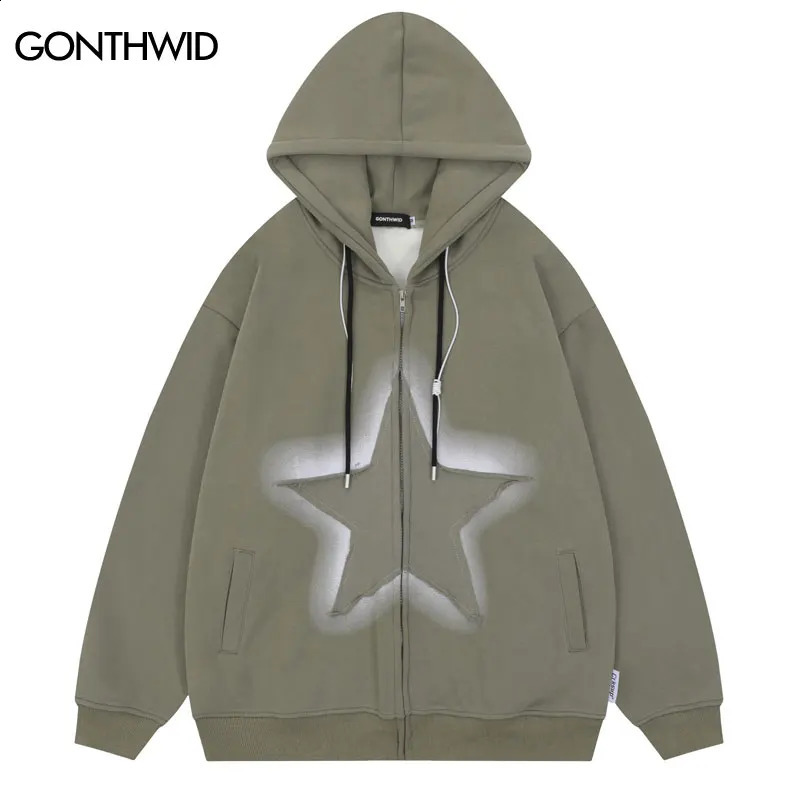 Hip Hop Zip Up Hoodie Jacket Y2K Vintage Star Patch Fleece Zipper Hooded Coat Winter Retro Casual Loose Baggy Sweatshirt 240828