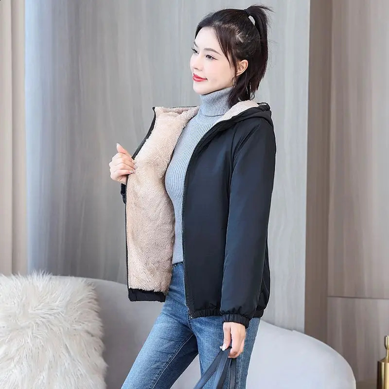 Womens Fleece Coat Winter Warm Thicken Solid Windbreaker Hooded Cotton Plush Jackets Casual Outdoor Windproof Jacket 240828