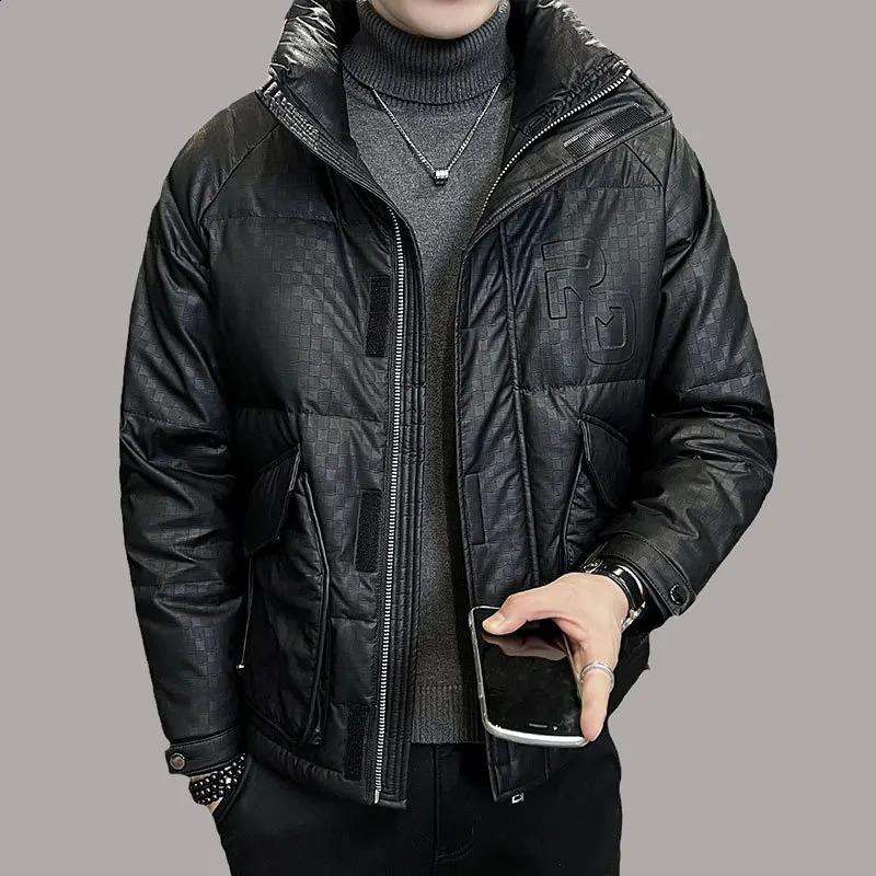 Fashion Mens Pu Leather White Duck Down Vestes Fall Hiver Puffer chauds Bouchon Down Mas