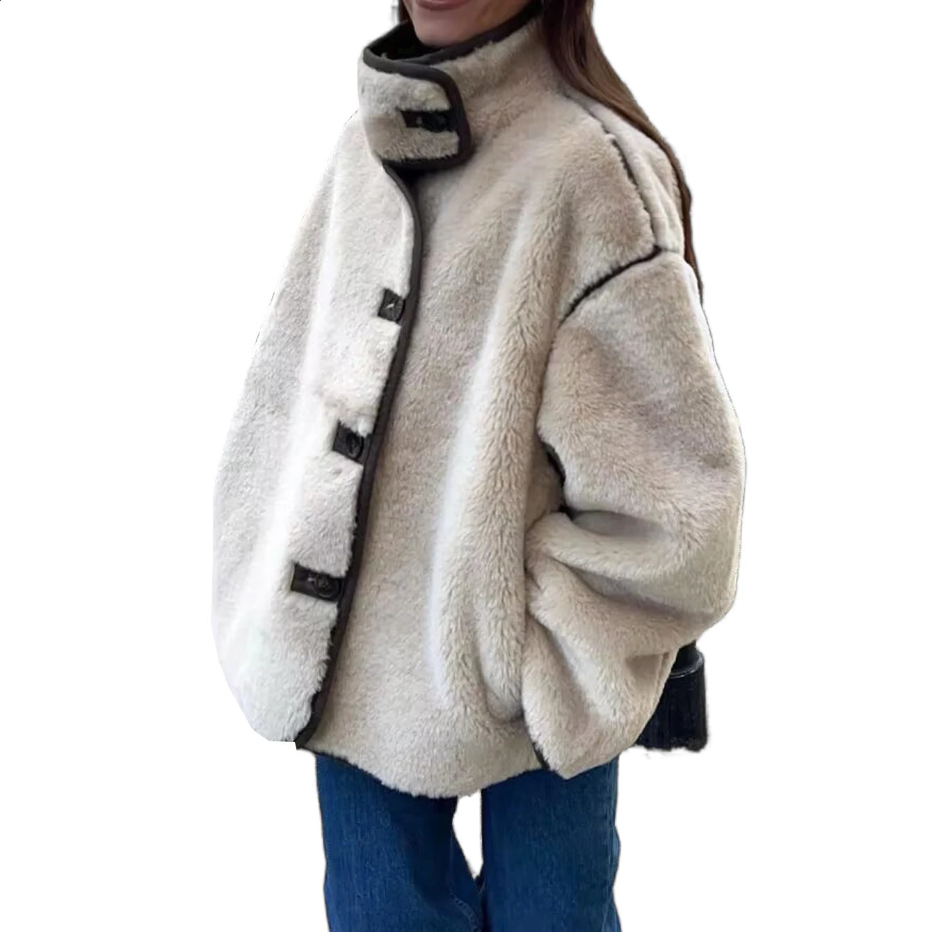 Womens Fur Coat with Fleece Inlay High Neck Loose Casual Fashionable Versatile Warm Cotton Jacket 240828