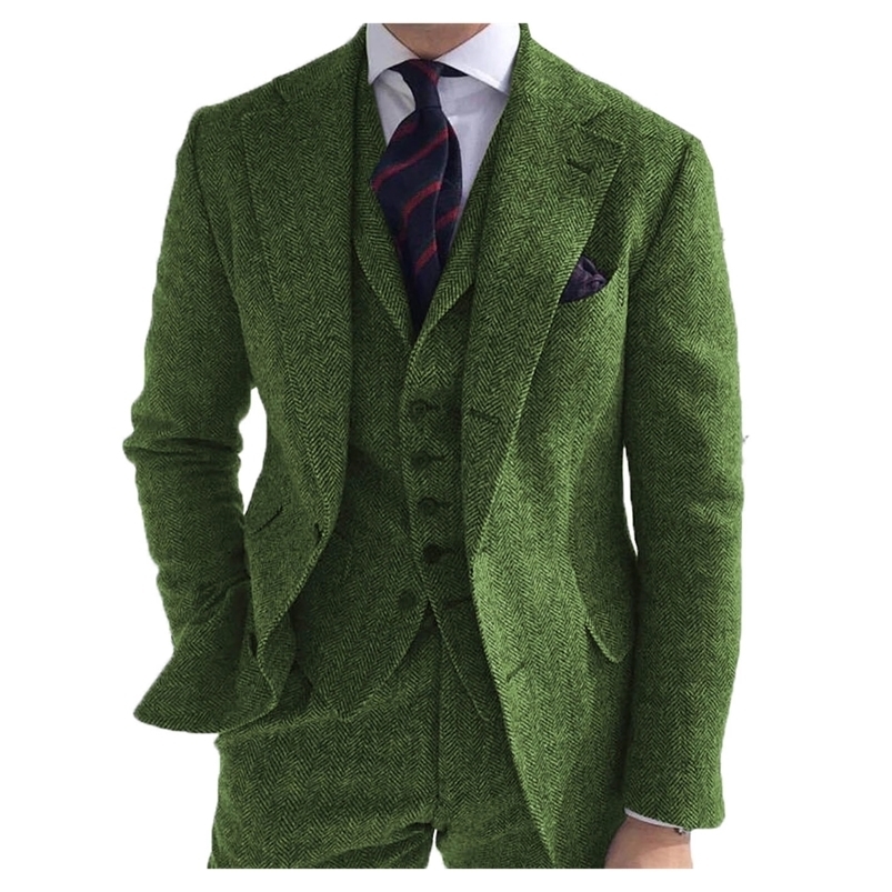 Mens 3 pièces en laine verte tweed Herringbone Business Retro Classic Pattern Tailcoat pour le pantalon de veste de mariage Gitre 240828