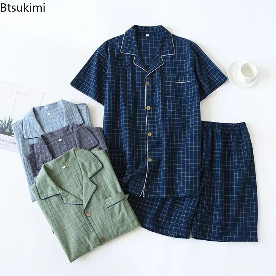 Pyjama de coton décontracté pour hommes ensembles de style japonais à plaid à manches courtes à manches courtes sur les vêtements de maison Men d