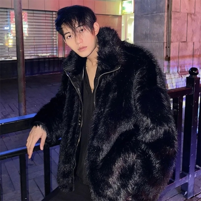 Korean Fashion Faux Fur Coat Fall and Winter High Street Trend Warm Jacket Man Streetwear Hip Hop Black y240828