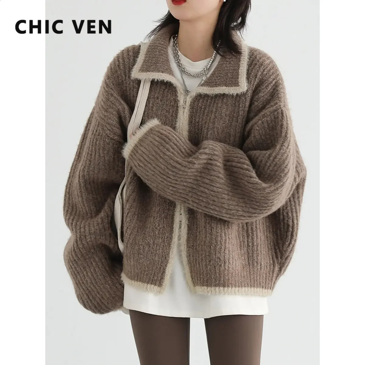 CHIC VEN Womens Sweaters Loose Korean Casual Lapel Knitted Cardigan Female Tops Knitwears Woman Autumn Winter 240828