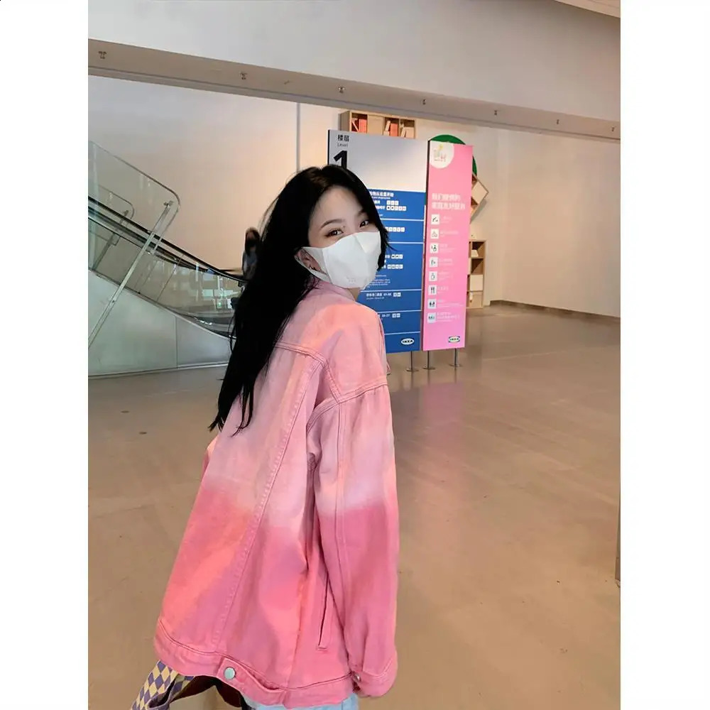 Spring Autumn Womens Loose Pink Denim Coat Korean Style Single-Breasted Long Sleeve Jacket Woman Vintage Casual Jean Tops 240828