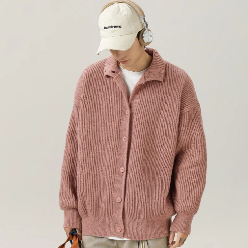 Lazy Style Japanese High Neck Cardigan Sweater Mens Autumn Winter Solid Warm Knit Sweater Loose Standing Collar Jacket Soft 240828