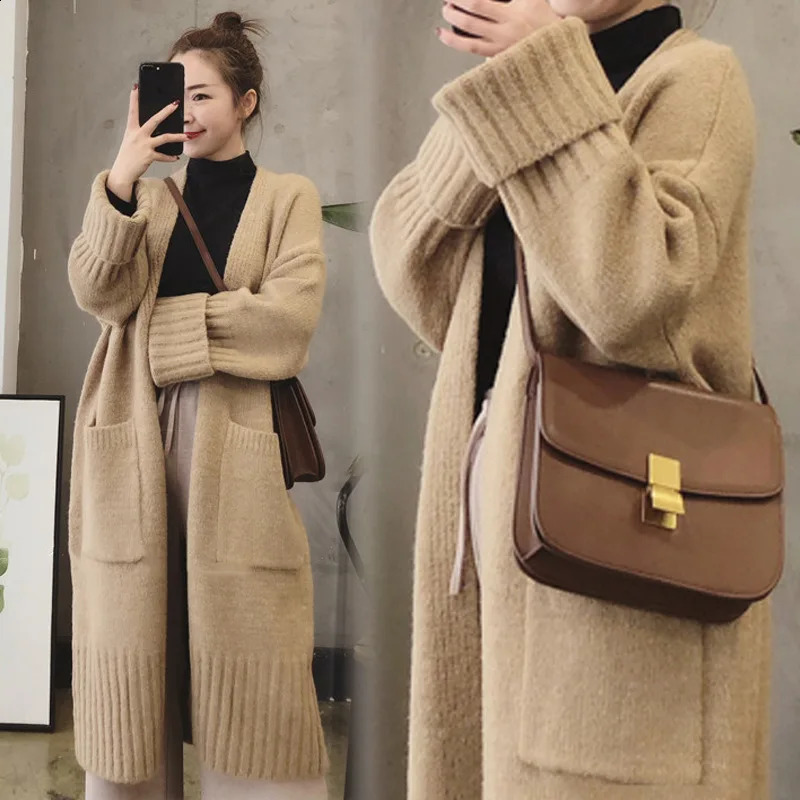 Autumn Winter Knitted Cardigan Women Sweater Jacket Elegant Vintage Loose Long Outerwear Maxi Y2k Sweater Coat Soft Jacket 240828