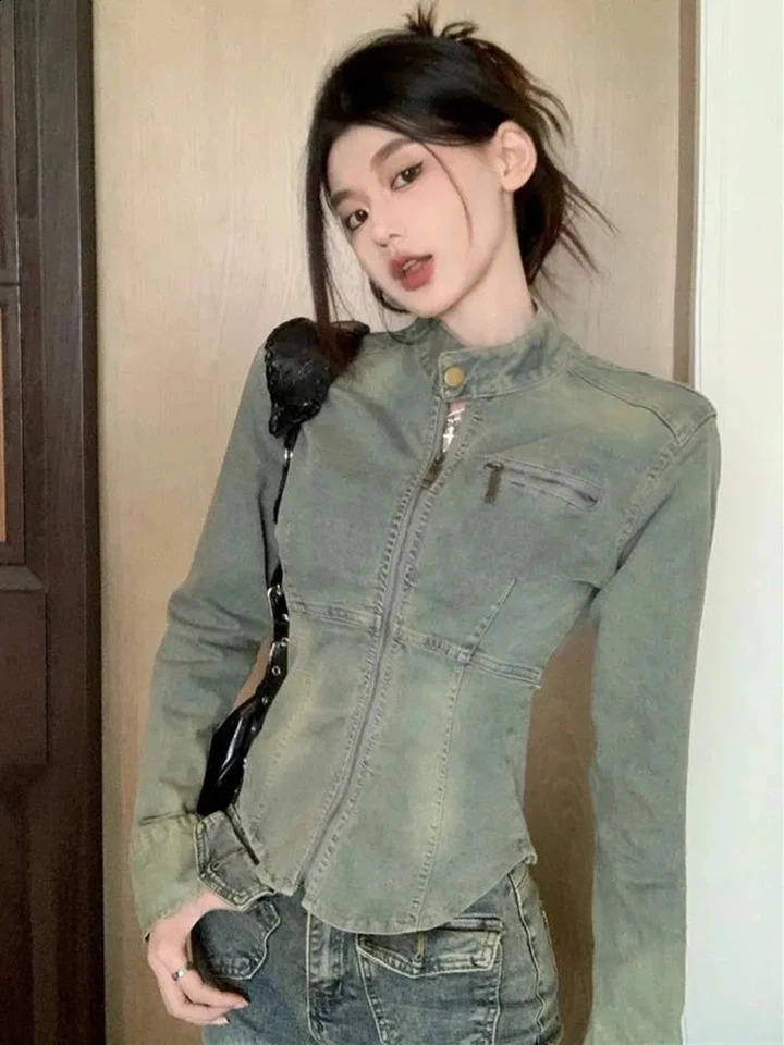 American Retro Womens Slim Fit Washed Denim Jacket Spring Fashion Splic Zipper Short Female Long Sleeved Cardigan Coats 240828