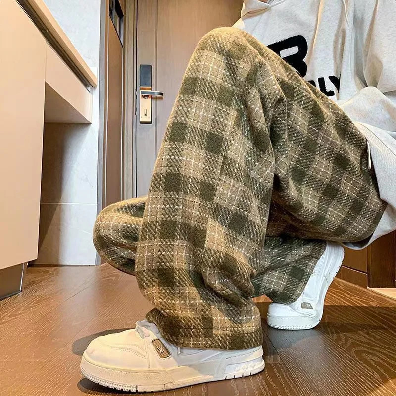 Green Plaid Pants Men Harajuku Winter Wide Leg Checked Trousers Male Oversize Big Size Casual Sweatpants Streetwear 240828