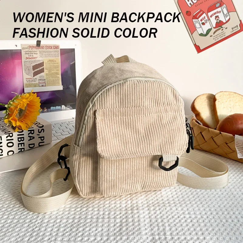 Womens Mini Backpack Fashion Solid Color Corduroy Small Simple Casual Traveling Large Capacity Durable Females 240828Z
