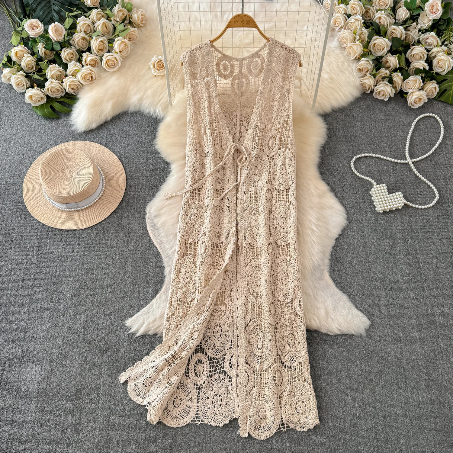 Veste de châle cardigan à mi-longueur pour femmes Bohemian Vacation Vintage Vintre Couvure Crochet Tie à cravate sol