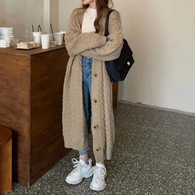 Long Knitted Cardigan Sweater Women Vintage Loose Solid Color Single Breasted Jumpers Fashion Casual Korean Female Coat 240828