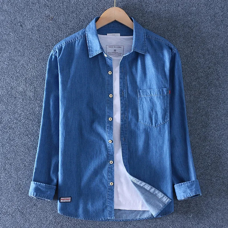 Spring and autumn mens cotton denim shirt fashionable loose fit casual trend washing shirt wholesale 240828