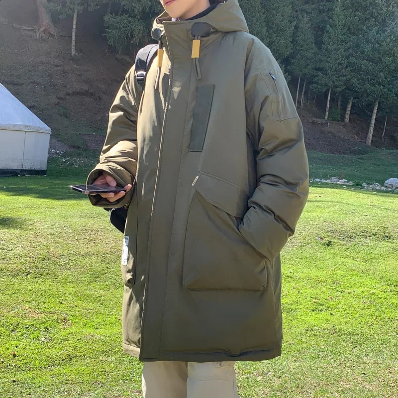 Trendy High-end Mens Winter Down Jacket Medium-length Outdoor Windproof Workwear Green Jianjiang Down Coats For Men 240828