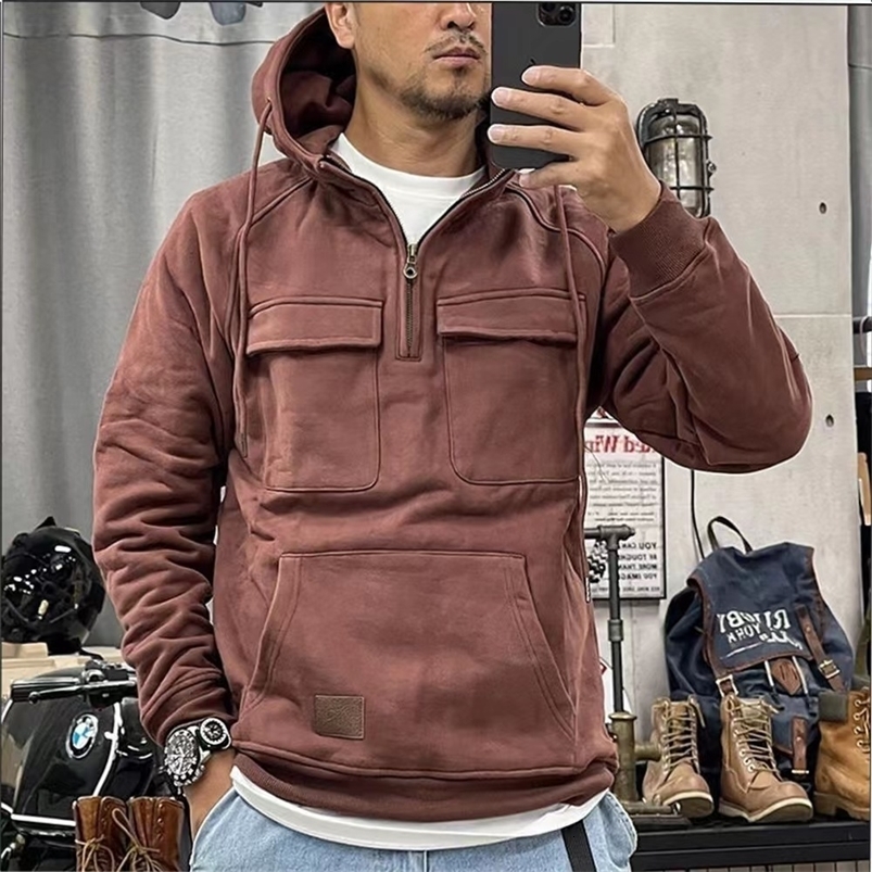 Spring and autumn retro mens sportswear hooded sweatshirt solid color long sleeved zipper breathable mens clothing mens super large hooded sweats