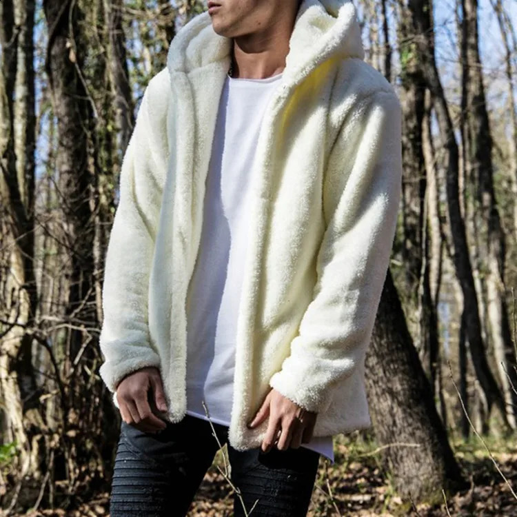 Autumn Mens Warm Hooded Fluffy Fleece Jacket Large Size Long Sleeve Thick Windbreaker Fashion Loose Parka Men White Plush Coat 240828
