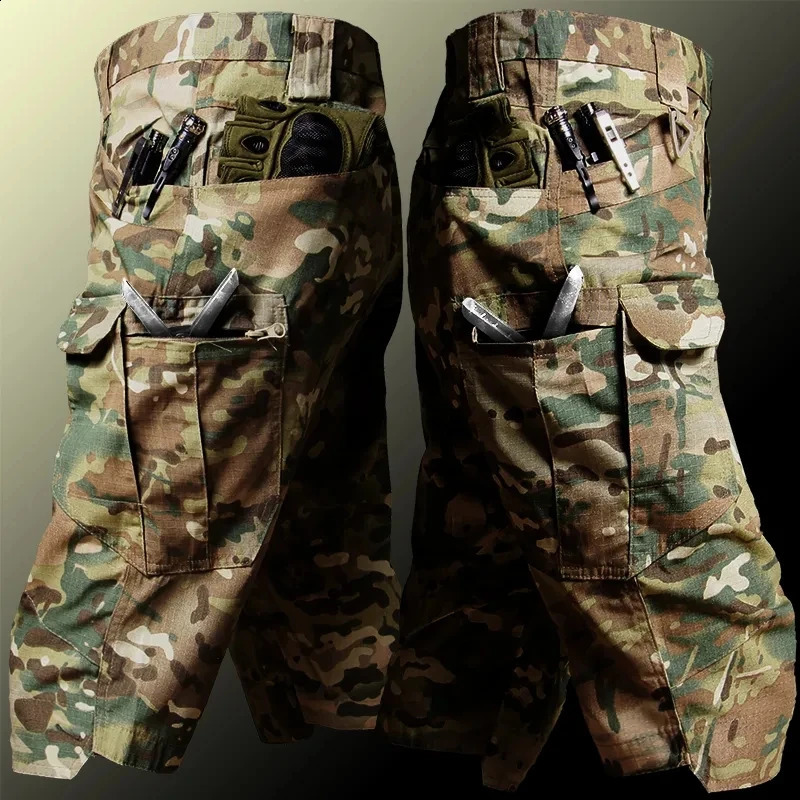Tactical cargo shorts mens summer waterproof and wear-resistant multi pocket hat pants outdoor casual loose camping work shorts 240828