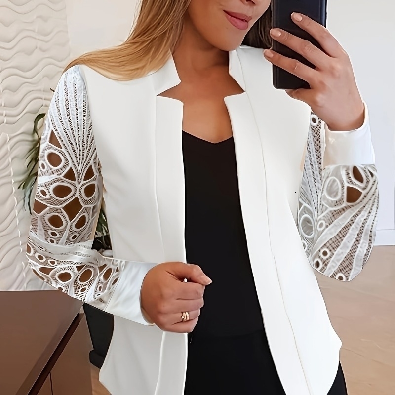 Womens Spring and Autumn standing collar long sleeved solid color suit jacket slim fit fashionable elegant and trendy commuting top 240828