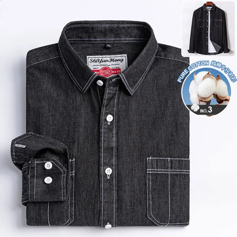 100% pure cotton denim middle-aged and elderly mens long sleeved shirt autumn and winter casual iron free solid color high quality 240828