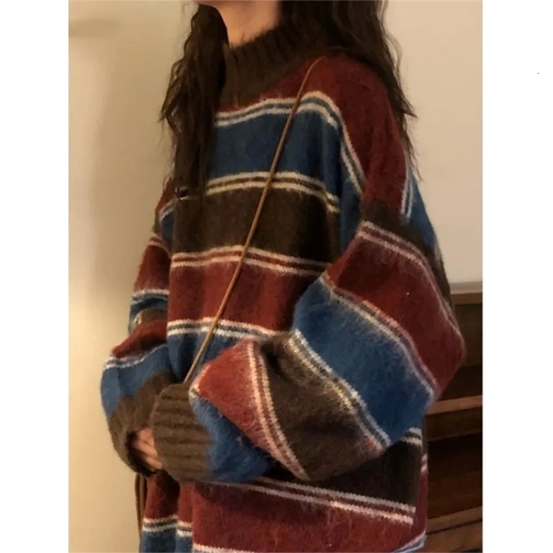 Harajuku Knitted Sweater Womens Large Striped Knitted Street Clothing Retro Splicing Work Jumper Preparatory Korean Leisure Pulling 240828