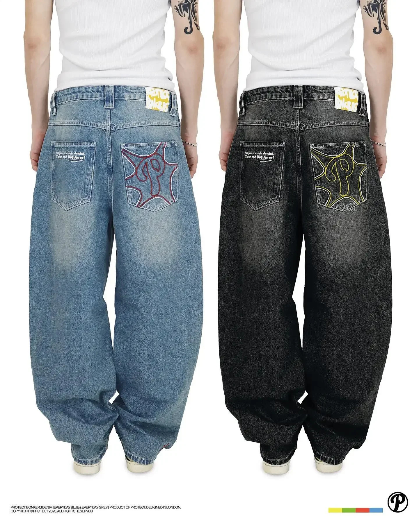 Protégez le streetwear y2k jeans hip hop pantalon pour hommes harajuku broderie vintage bleu baggy haute taille pantalon jambe large y240828