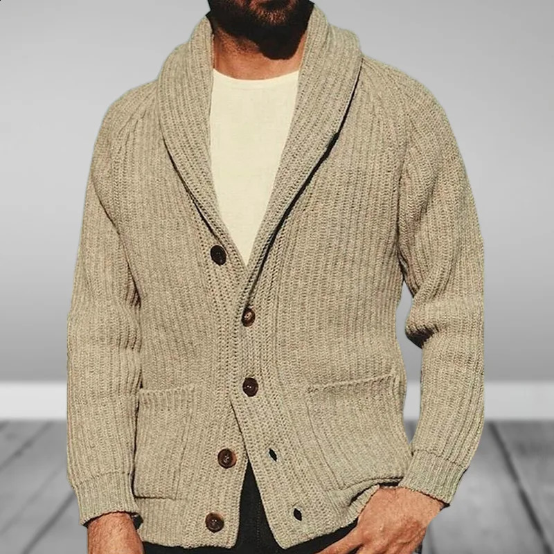 Mens cardigan sweater autumn and winter solid color lapel long sleeved jacket knitted sweater retro sweater 240930