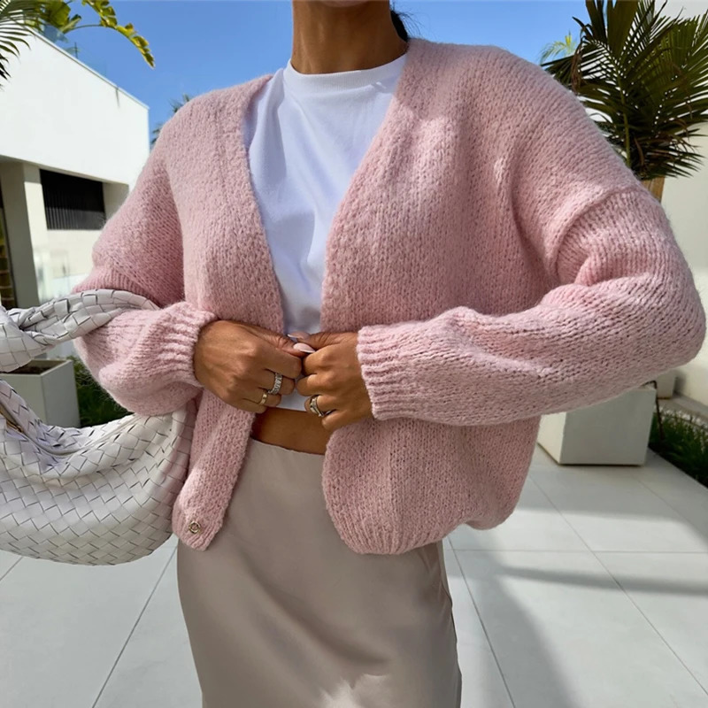Autumn Winter Soft Warm Knitted Sweater Casual Womens V-neck Long Sleeved Cardigan Elegant Solid Color Commuting Sweater Coat 240828