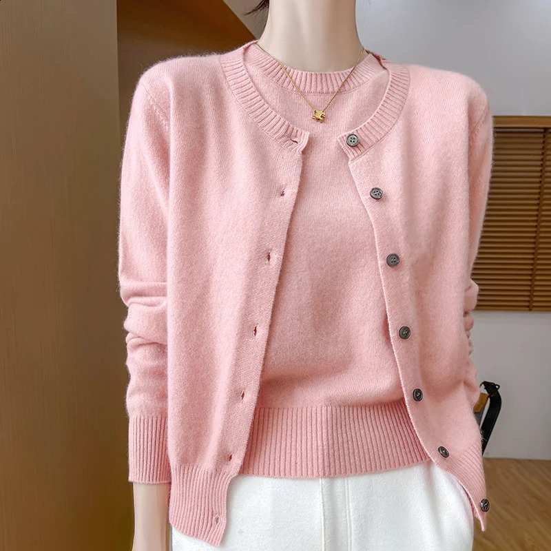 Womens Two-piece Sweater Autumn Winter 100% Merino Wool Round neck Knitted Cardigan Fashionable Solid Color Suit Tops 240828