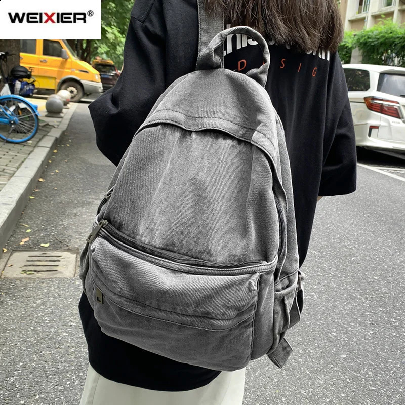 Gray Denim Backpack Womens Leisure Travel Outing Shoulder Bag Female Fashion Schoolbags Suitable For Boys And Girls Mochila 240925Z