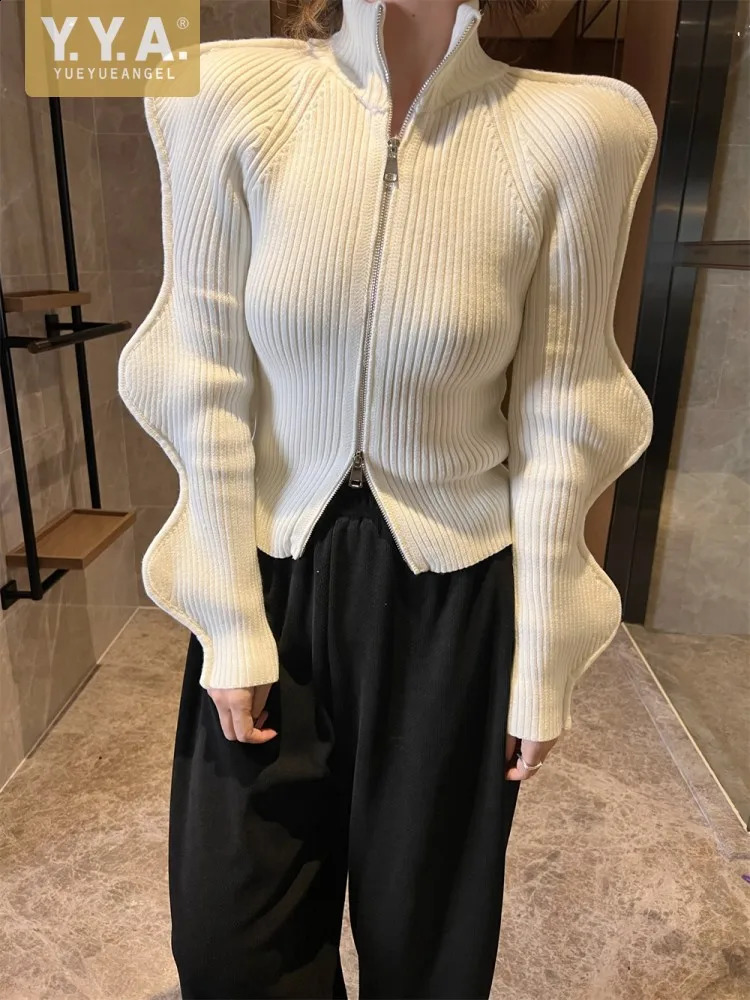 Long Sleeve Turtleneck Sweater Women Zip Elastic Slim Knitted Cardigan Casual Black White Female Spring Autumn Knitwear 240828