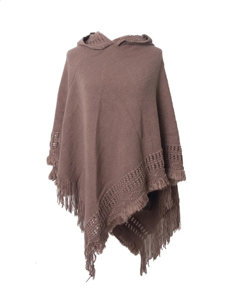 Fall Winter Knitted Hooded Solid Color Pullover Sweater Poncho Women Casual Tassel Batwing Sleeve Shawl Cloak Female Cape 240828