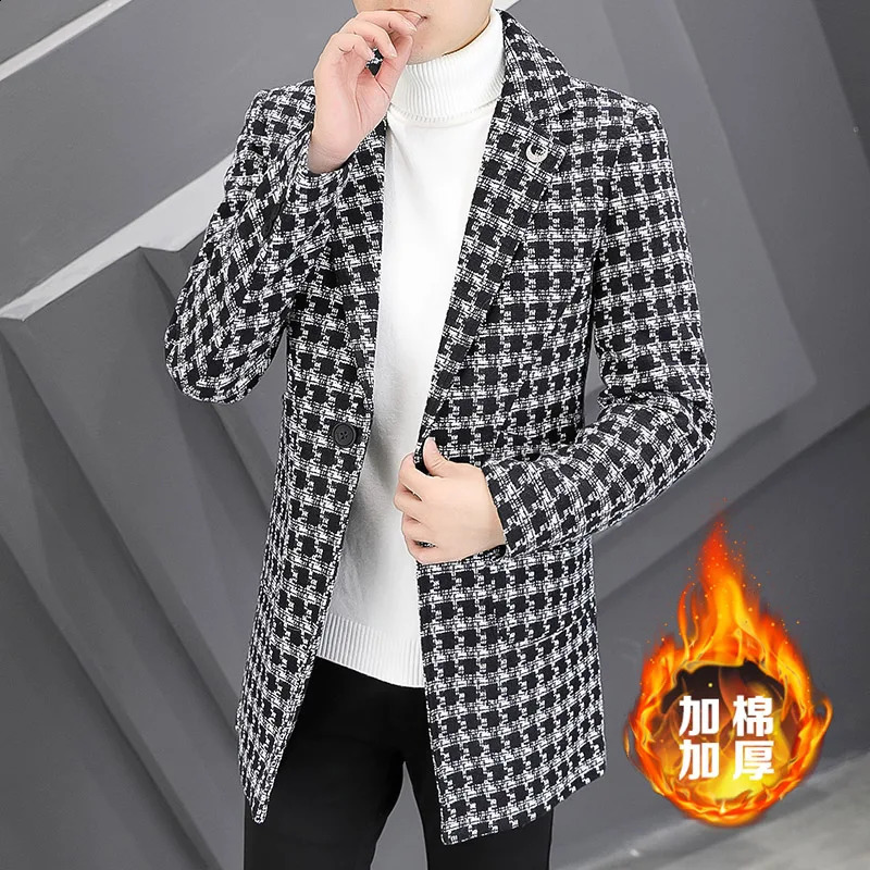 2024 Winter Retro Classic Hound Stone Coat Mens Ultra Thin Fit Long Jacket Retro Gentleman Trench Coat White Plaid 240828