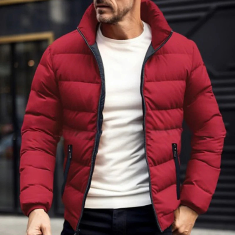 ultra-thin zipper mens cotton jacket fashionable long sleeved pocket jacket winter thickness contract color filled jacket 240907
