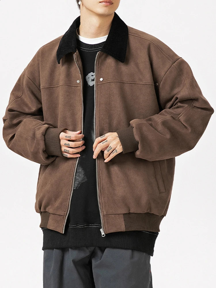 Suede Jacket Mens Autumn and Winter Item Corduroy Lapel Splicing Trendy Casual Comfort Retro Loose Jacket Clothing 240828
