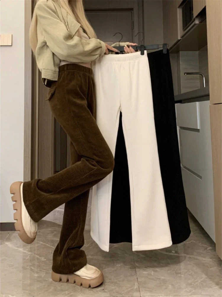 Vintage Winter Corduroy Pants Women Casual Fashion Elastic High Waist Thick Slim Wide Leg Brushed Pants Harajuku 240829