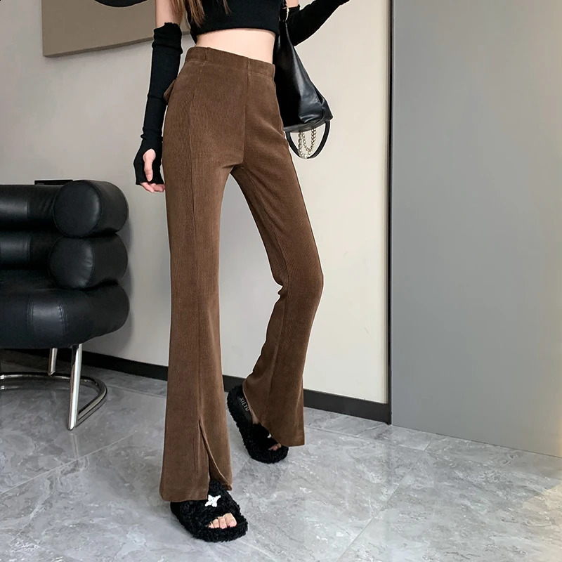 Brown Corduroy Casual Pants Womens Spring and Autumn High Waist Slim Fitting Pants Micro Flared Pants 240829