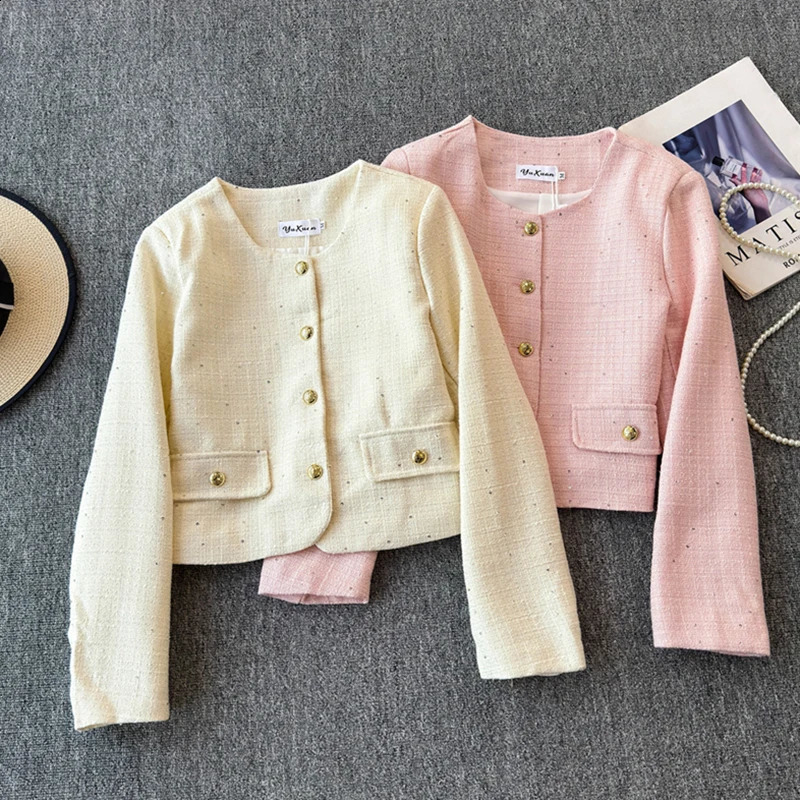 Automne à manches longues Petite veste de parfum paillettes en tweed grossier Couche rond à poitrine simple à manches longues à manches longues 2