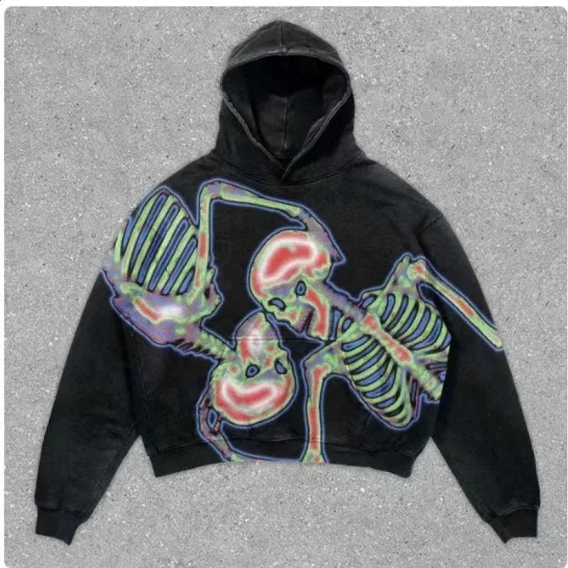 Explosions Printed Skull Y2K Retro Hooded Sweater Coat Street Style Gothic Casual Fashion Hooded Sweater Mens Harajuku Female 240828